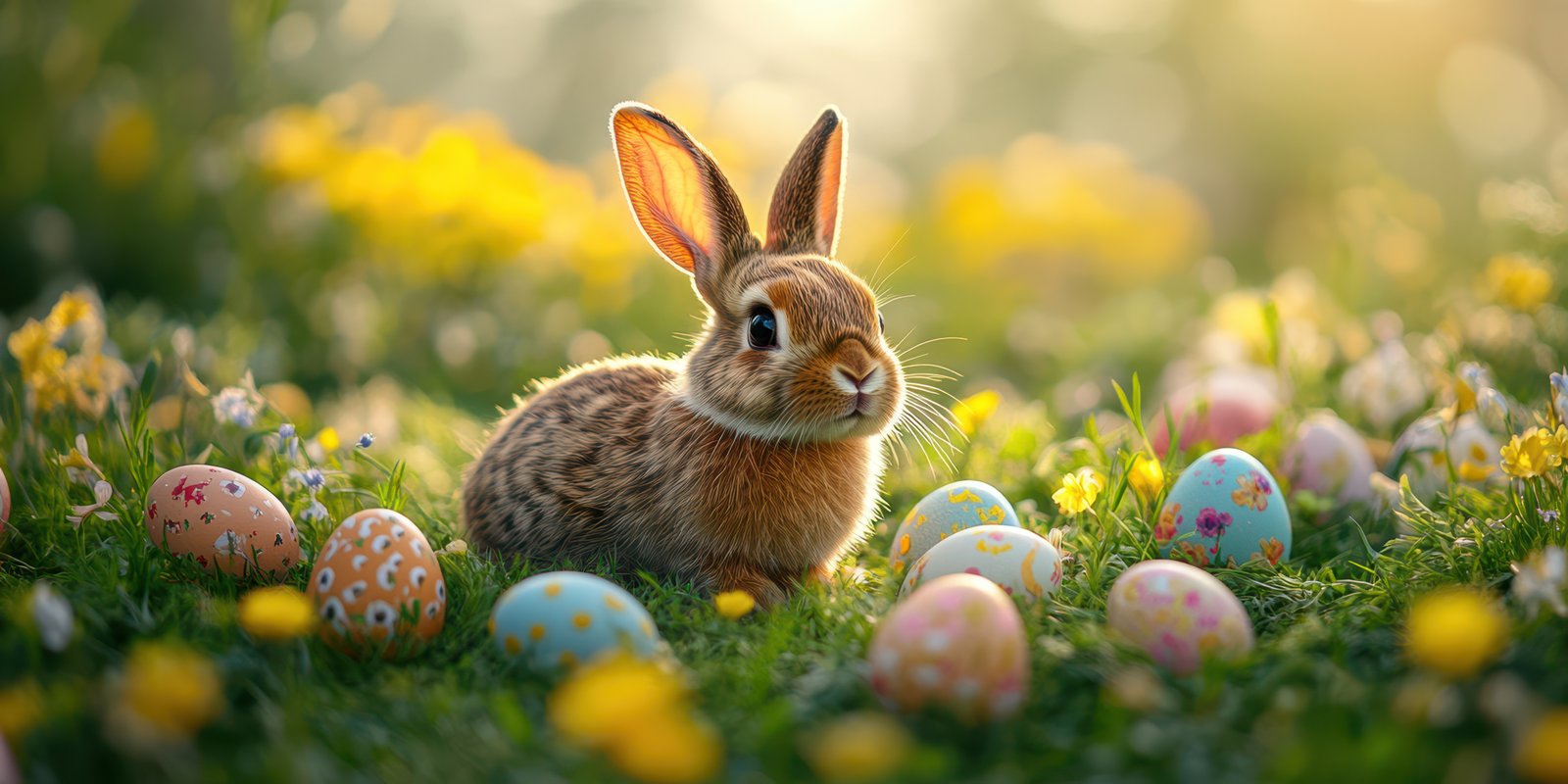 Cute rabbit surrounded by colorful eggs and wildflowers in a sunny garden during springtime